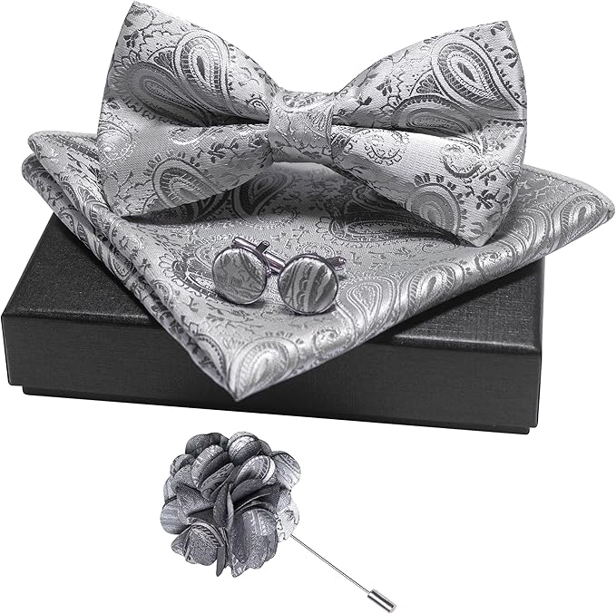 JEMYGINS Mens Paisley Bow Tie and Lapel Pin Necktie Pocket Square and Tie Clip with Sets for Business Casual 4PCS