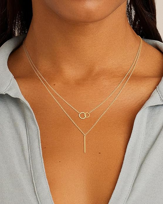 Layered Necklaces for Women 14K Gold Plated Stack Circle Pendant Trendy Long Chain Stackable Handmade Coin Necklace Set Dainty Gold Stacked Jewelry Gifts