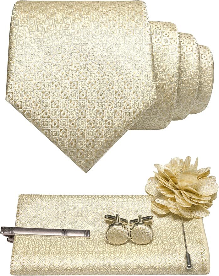 JEMYGINS Mens Tie and Pocket Square,Lapel Pin,Cufflinks,Tie Clip Sets with Gift Box 5PCS