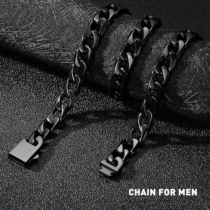 PAITAIN 11MM Cuban Link Chain for Men Silver Chains for Men, 316L Stainless Steel and 925 Sterling Silver Filled, Sliver Mens Chain, Available In 20/22/24/26/28/30 Inches, Black Silver Mens Necklaces