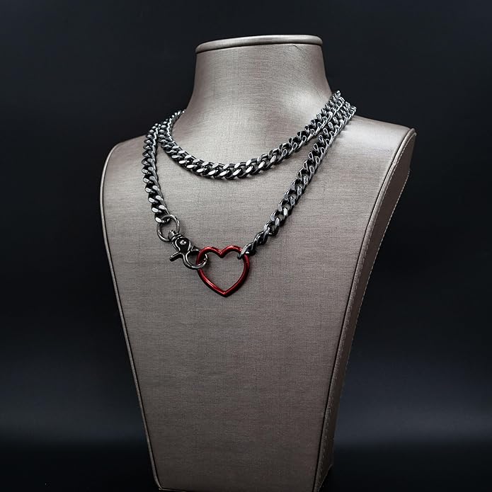 Chunky Gold Choker Necklaces for Women, Long Gold Chain Heart Necklace, 36 Inches Slip Chain Adjustable Lariat Heart Y Necklace for Women and Men, Goth Chunky Heart Necklace Jewlery Gifts