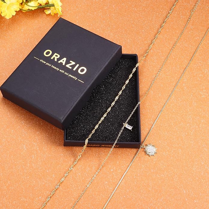 ORAZIO Gold Necklaces for Women,Layered Gold Necklace,14K Gold Plated Pendant Necklaces,Simple Choker Necklaces Set, Dainty Gold Chain Necklaces,Trendy Gold Stacked Jewelry Gifts for Women