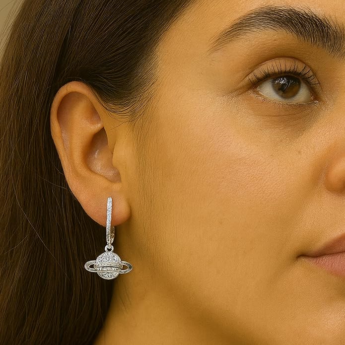 Planet-Inspired Dangle Hoop Earrings for Women – Crystal-Encrusted Saturn Design, 25mm Drop Length, 23mm Wide.KT0010