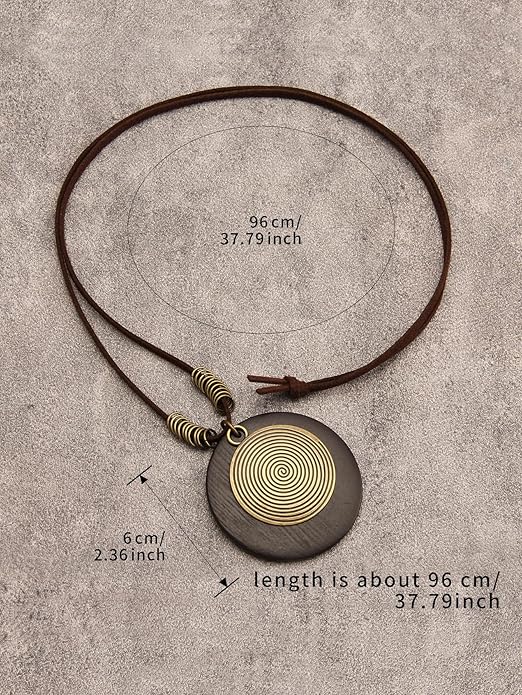 Long Boho Necklaces for Women Vintage Leather Wooden Pendant Y Choker Ethnic Style Gold Circle Hippie Sweater Necklace