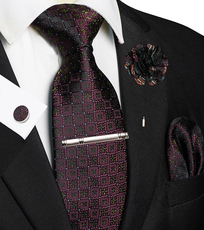 JEMYGINS Mens Tie and Pocket Square,Lapel Pin,Cufflinks,Tie Clip Sets with Gift Box 5PCS