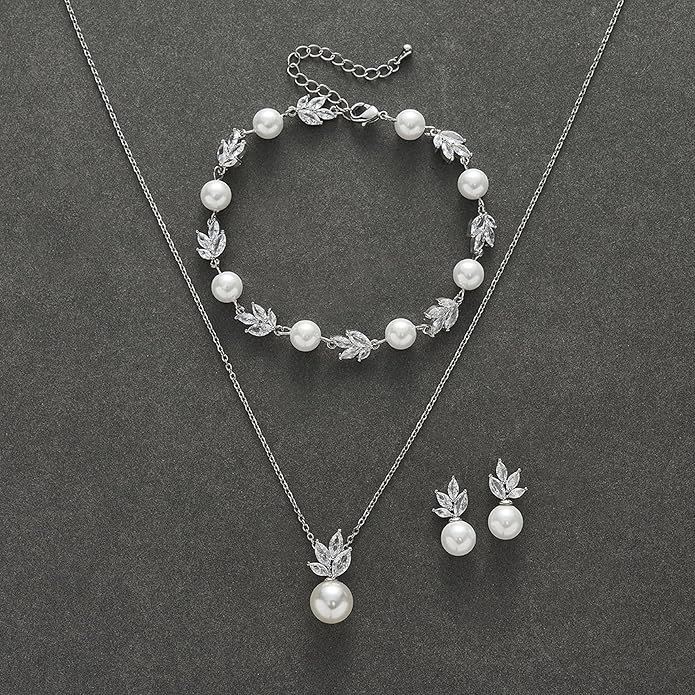 SWEETV Jewelry Set for Bride Women, Cubic Zirconia Pearl Bridal Earrings Necklace Bracelet Set, Bridal Jewelry Set for Wedding Prom
