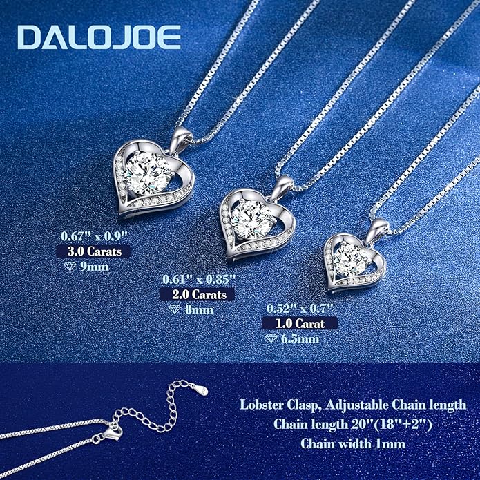 Moissanite Necklace for Women, 1-3 Carat Heart Necklace Engraved with 'I LOVE YOU', Birthday Gift for Wife, Anniversary Present for Wife Women, Jewelry Gifts for Christmas Valentine's Day