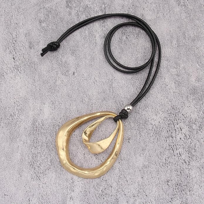 Long Boho Necklaces for Women Vintage Leather Wooden Pendant Y Choker Ethnic Style Gold Circle Hippie Sweater Necklace