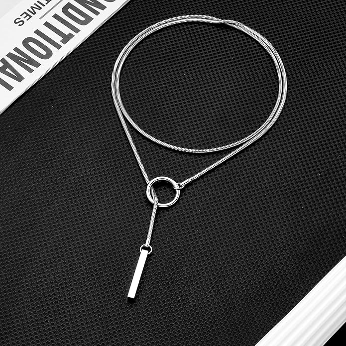 Slip Chain Necklaces for Women Stainless Steel Bar Pendant Choker Necklace Boho Handmade Long Lariat Necklace Silver Statement Punk Rock Collar Jewelry