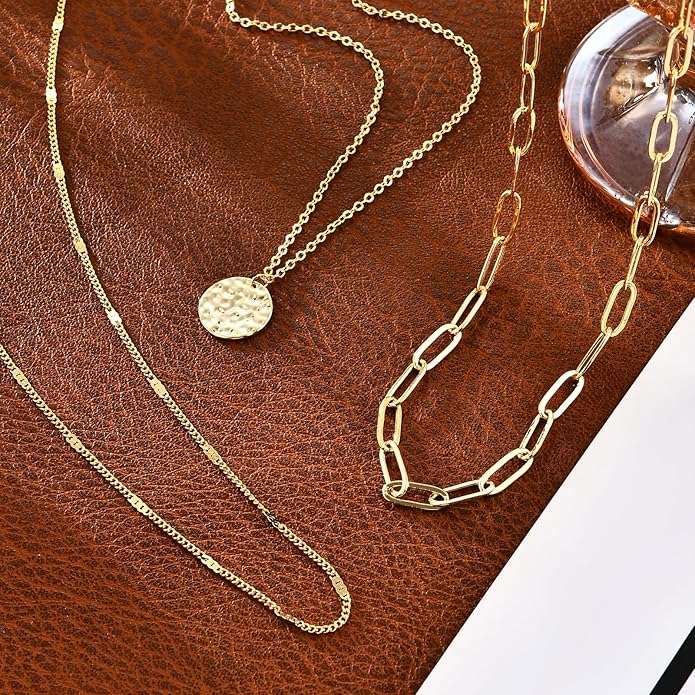 Gold Layered Necklaces for Women, 14K Gold Plated Dainty Necklace Set with Paperclip, Adjustable Trendy Gold Jewelry Stackable Gift