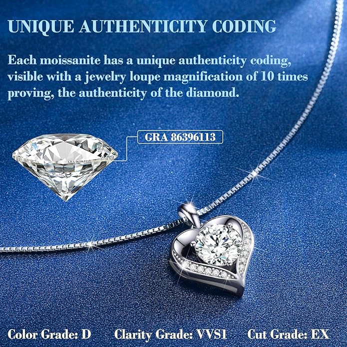 Moissanite Necklace for Women, 1-3 Carat Heart Necklace Engraved with 'I LOVE YOU', Birthday Gift for Wife, Anniversary Present for Wife Women, Jewelry Gifts for Christmas Valentine's Day