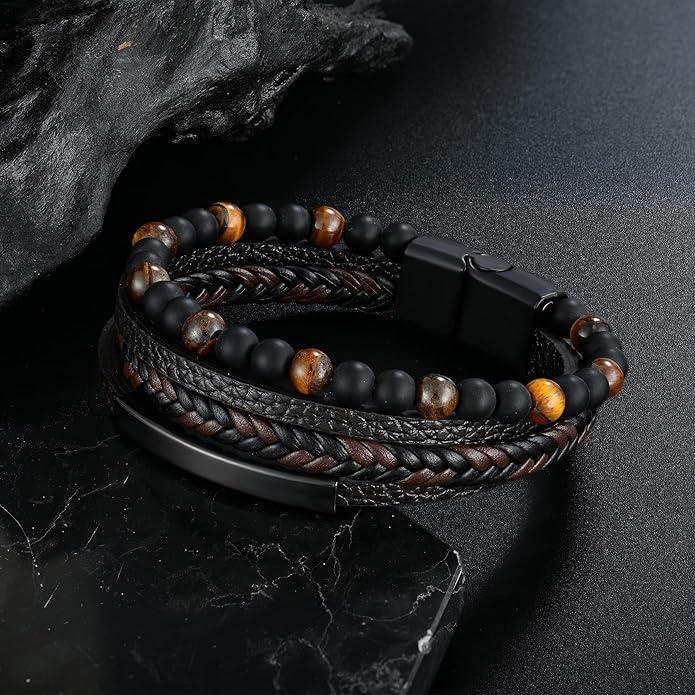 Mens Tiger Eye Matee Black Onyx Lava Rock Volcanic Stone Beaded Bracelet, Black Braided Leather Bracelet for Men