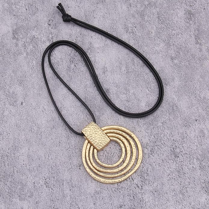 Long Boho Necklaces for Women Vintage Leather Wooden Pendant Y Choker Ethnic Style Gold Circle Hippie Sweater Necklace