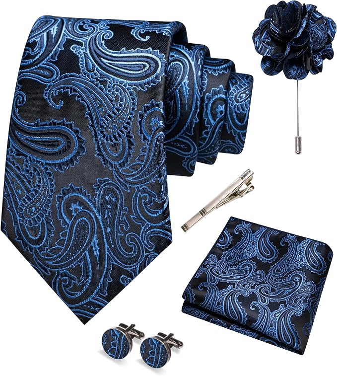 JEMYGINS Mens Paisley Tie and Pocket Square,Lapel Pin,Cufflinks,Tie Clip Sets with Gift Box 5PCS