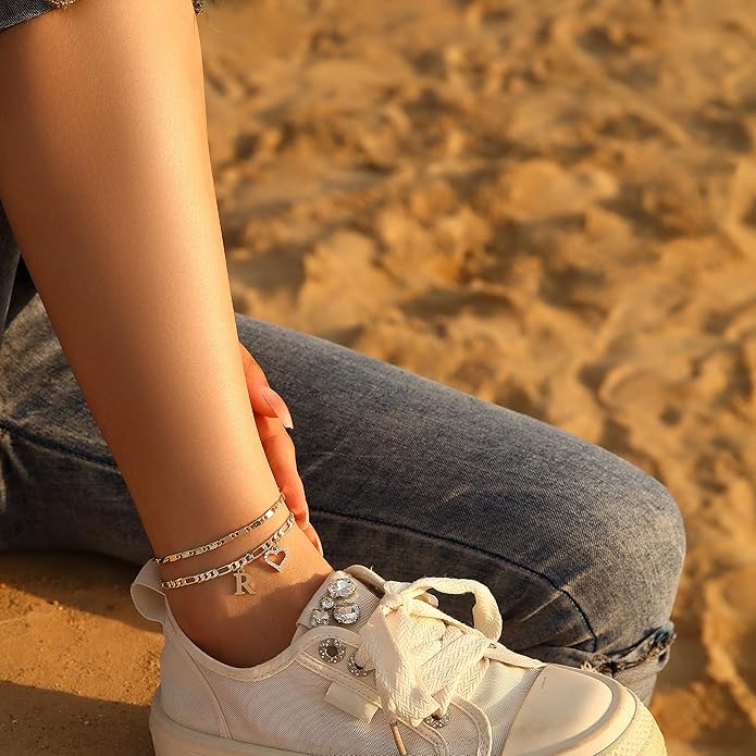 Initial Ankle Bracelets for Women Waterproof 14K Gold Plated Dainty Layered Figaro Chain Letter Initial CZ Heart Ankle Bracelets Set Summer Beach Jewelry for Women