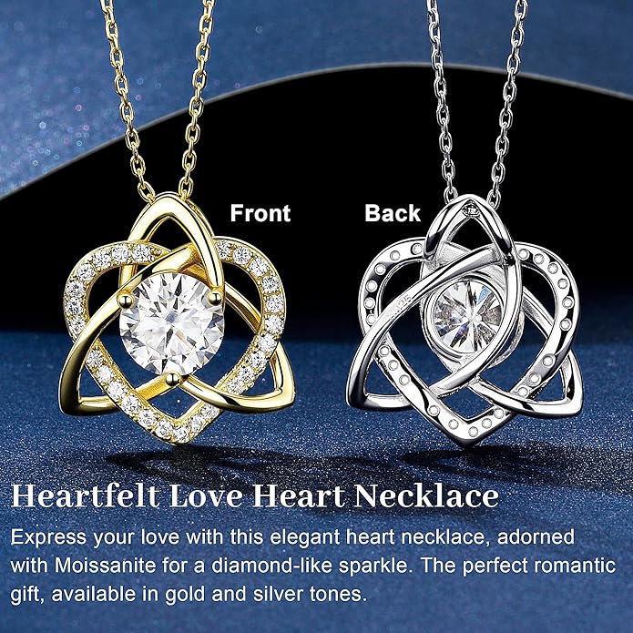 MOOSEA Christmas Gifts for Women Wife, Celtic Knot Moissanite Necklace for Women, 1-3ct Moissanite Heart Pendant Necklaces Anniversary Birthday Gift Wife Mom 925 Sterling Silver Jewelry