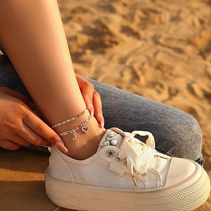 Initial Ankle Bracelets for Women Waterproof 14K Gold Plated Dainty Layered Figaro Chain Letter Initial CZ Heart Ankle Bracelets Set Summer Beach Jewelry for Women