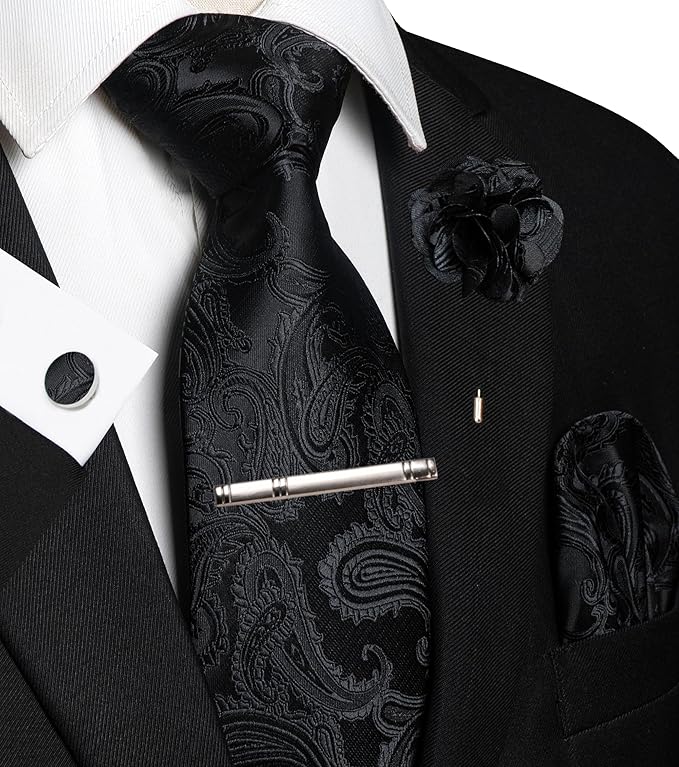 JEMYGINS Mens Paisley Tie and Pocket Square,Lapel Pin,Cufflinks,Tie Clip Sets with Gift Box 5PCS