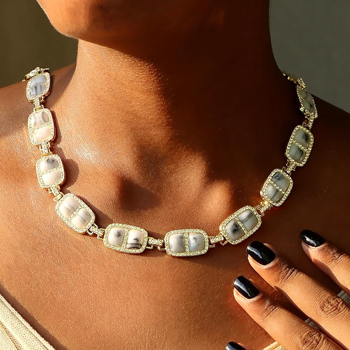 Chunky Necklace for Women 12 Colors Diamond Stone Gold Statement Necklace for Women Full Trendy Blue Birthstone Choker Necklace for Women Square Design Necklace Jewelry