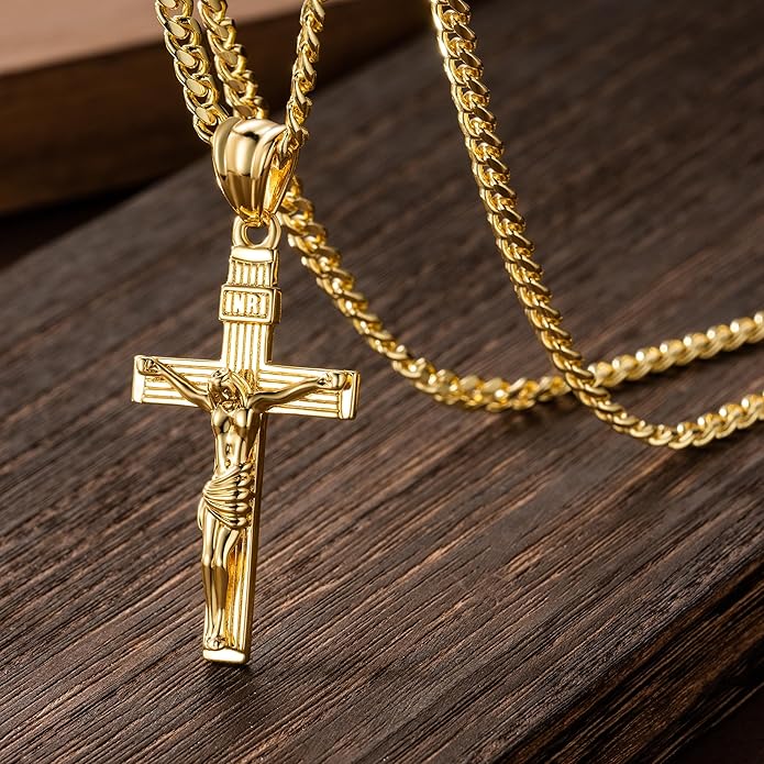 Gold Cross Necklace for Men 14K Gold Cross Necklace for Men Crosses Chain Necklaces for Mens Paired with 4.3mm Cuban Chain Crucifix Pendant Mens Crosses Necklaces 20/22/24in