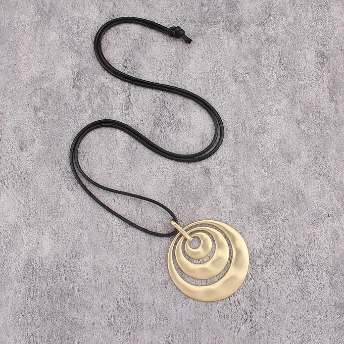 Long Boho Necklaces for Women Vintage Leather Wooden Pendant Y Choker Ethnic Style Gold Circle Hippie Sweater Necklace