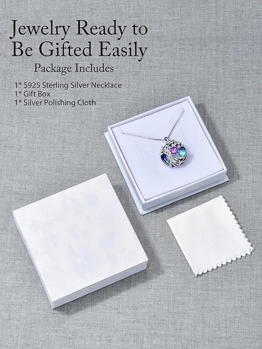 TOUPOP s925 Sterling Silver Family Celtic Tree of Life Pendant Necklaces with 2 Heart Birthstone with Blue Austrian Crystal Jewelry Birthday Anniversary Christmas Gifts for Her Wife Girlfriend Mom (18K Real White Gold Filled)