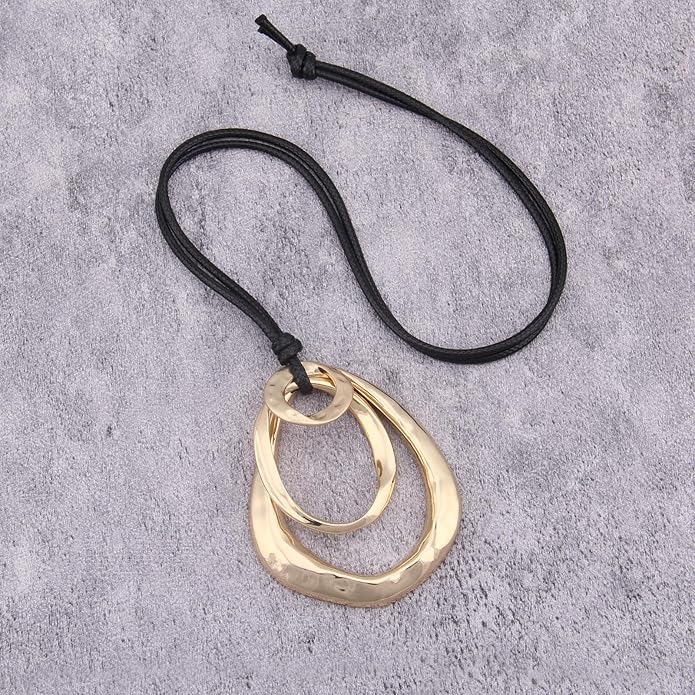 Long Boho Necklaces for Women Vintage Leather Wooden Pendant Y Choker Ethnic Style Gold Circle Hippie Sweater Necklace