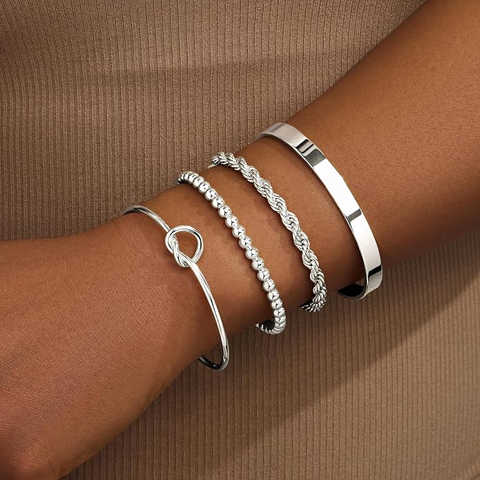 Silver Bracelets for Women Stack, Silver or Gold Plated Cuff Bangle Set, Trendy Silver Jewelry for Women Fashion