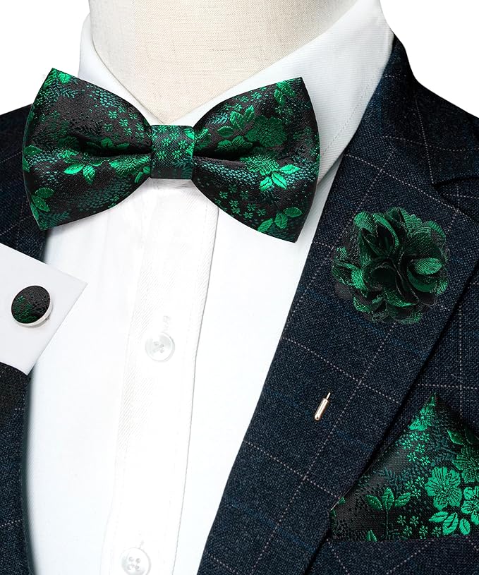 JEMYGINS Floral Pre-tied Bow Tie and Pocket Square Cufflinks Lapel Pin Sets for Men 4PCS