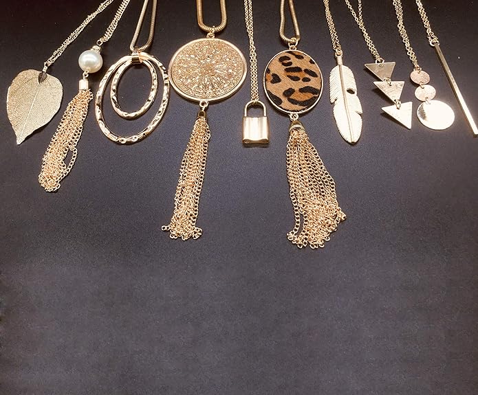 10Pcs Long Pendant Necklace Simple Moon Bar Three Triangle Tassel Lock Sweater Y Shape Punk Chain Choker Necklace for Women Men Gold Silver Plated