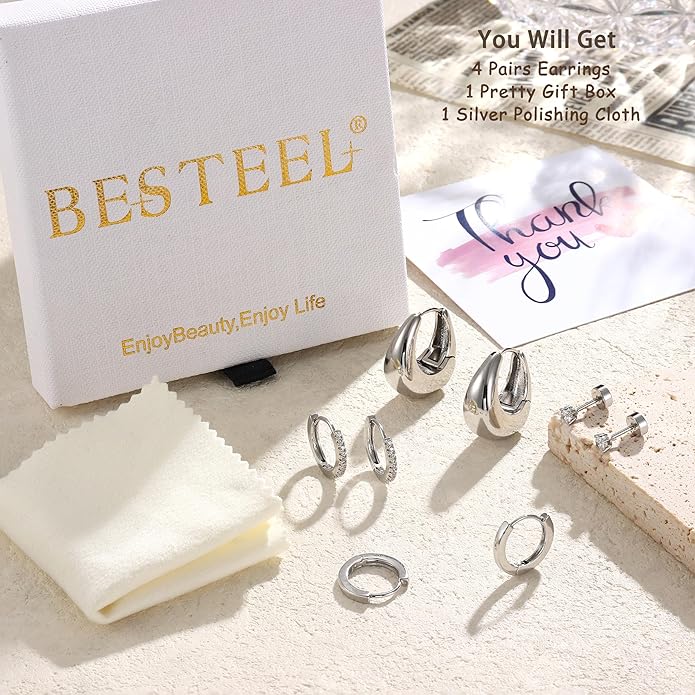 BESTEEL Small Hoop Earrings for Women - Hypoallergenic 14K Gold Plated Surgical Steel Chunky Huggie Earings Stacks Set Dainty Cute Cartilage Flat Back Stud Jewelry Trendy Gift 4 Pairs