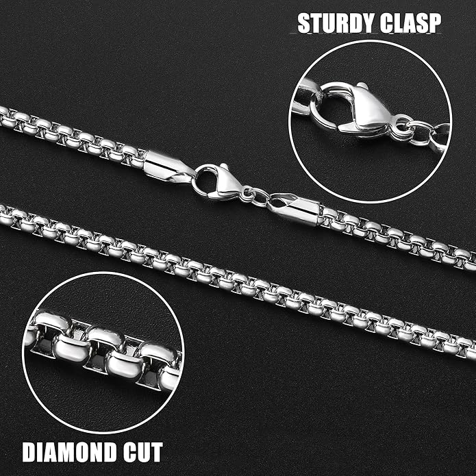 Fiusem Box Chain for Men, Silver Tone/14K Gold Plated/Black Stainless Steel Necklace for Men and Women, Width 2/2.5/3/4/5mm, Length 18-28 Inches