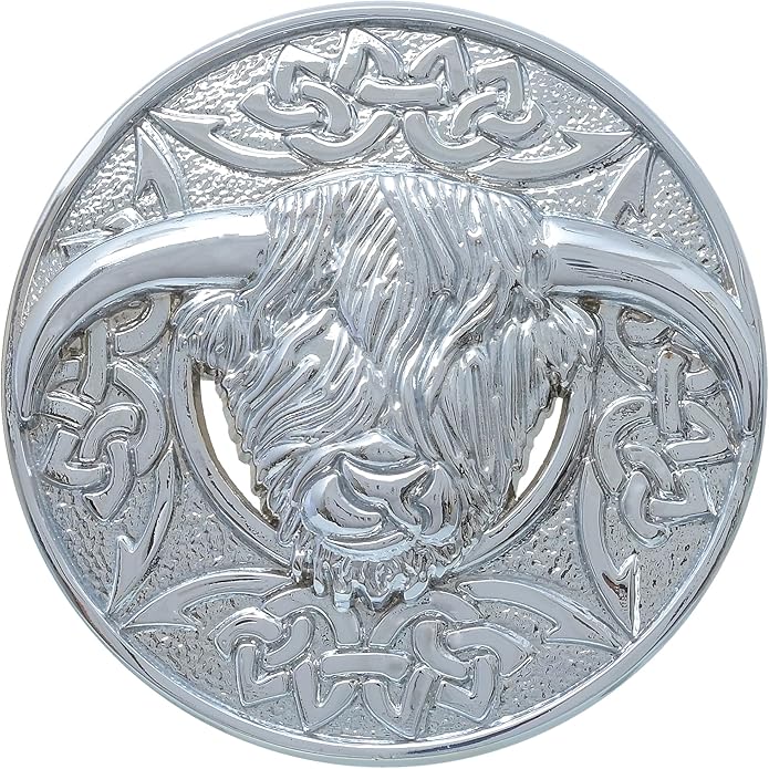 Highland Cow Kilt Brooch with Celtic Knot - Traditional Scottish Helian Coo Plaid Brooches for Men – Handcrafted Tartan Sash Pin, Luxurious Accessory for Women’s Dress