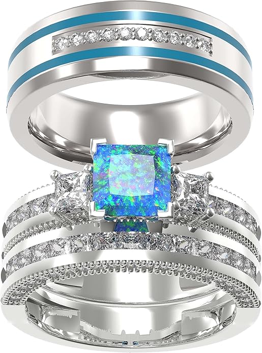 TWO RINGS Wedding Ring Sets His And Hers Promise Ring Couples Bridal Sets Women 925 Sterling Silver square Cz Man Stainless Steel Brushed Finished Wedding Bands