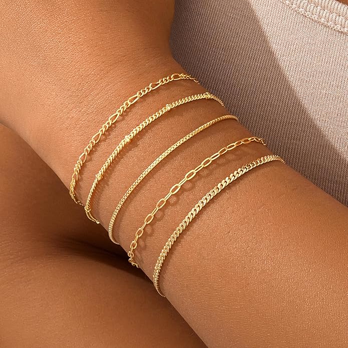 Gold Bracelets for Women Trendy,14K Gold Plated Dainty Stackable Paperclip Cuban Link Chain Bracelets, Simple Cute Cuff Bracelets Jewelry Set Adjustable 7"+2"