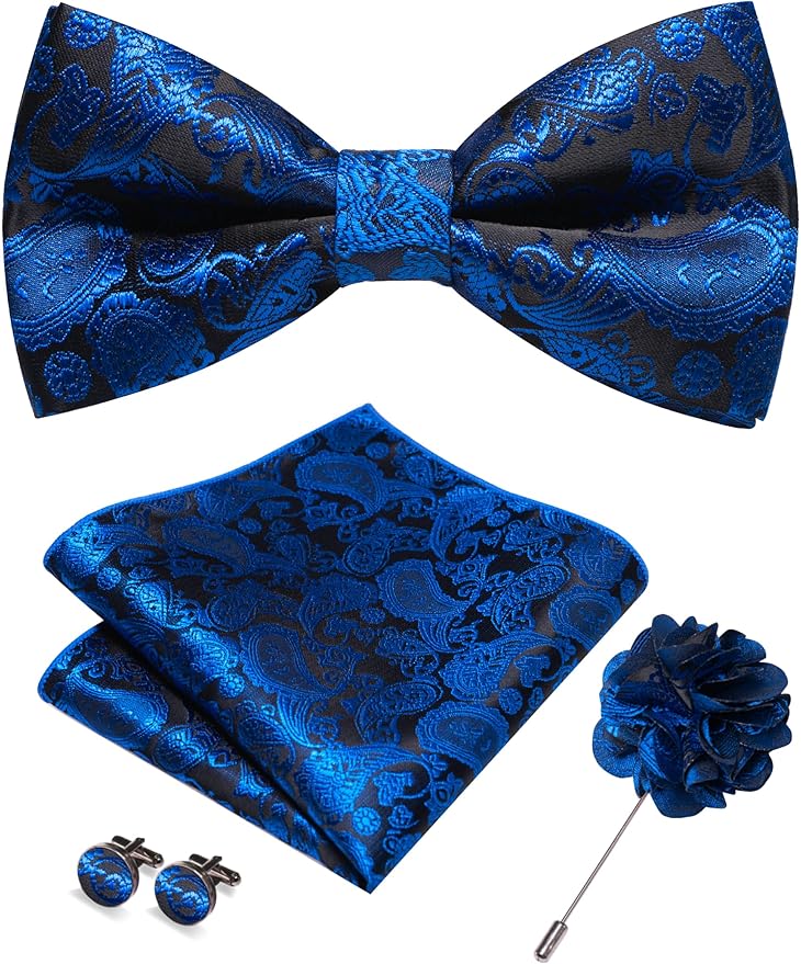 JEMYGINS Paisley Pre-tied Bow Tie and Pocket Square Cufflinks Lapel Pin Sets for Men 4PCS