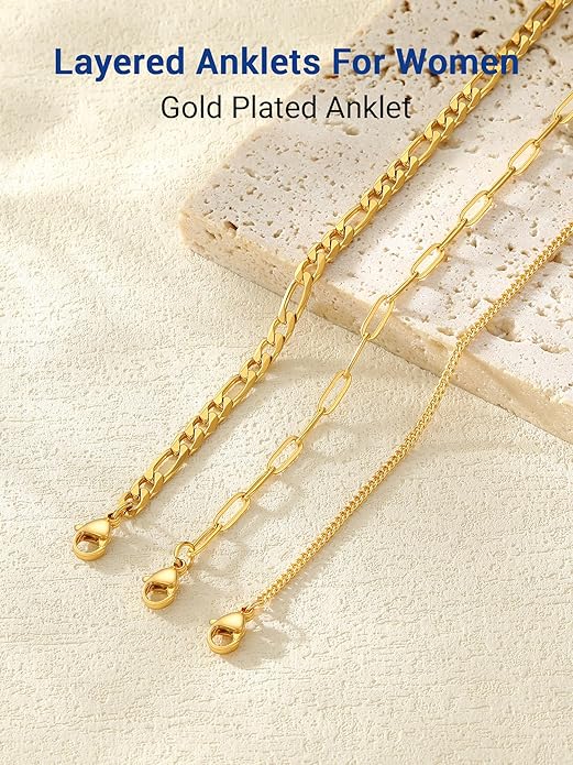 PROSTEEL Stainless Steel Chain Anklets for Women, Silver/Gold Tone, Ankle Bracelets Hypoallergenic, 8-10.5 Inch Adjustable, Come with Box