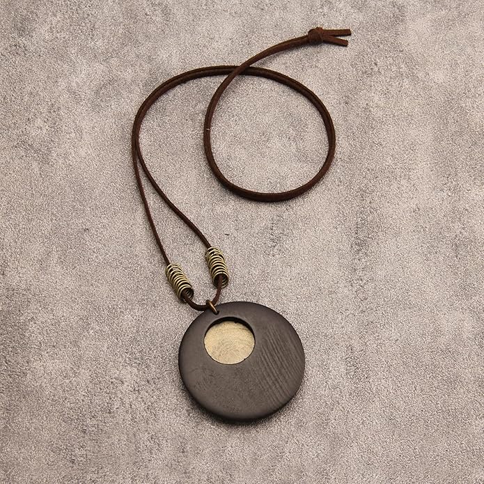 Long Boho Necklaces for Women Vintage Leather Wooden Pendant Y Choker Ethnic Style Gold Circle Hippie Sweater Necklace