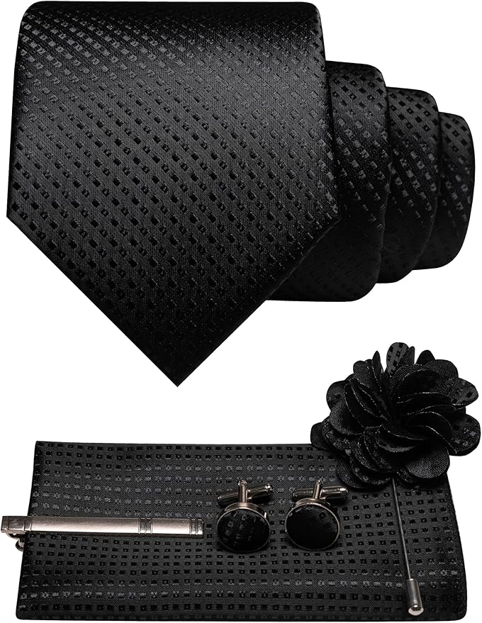 JEMYGINS Mens Tie and Pocket Square,Lapel Pin,Cufflinks,Tie Clip Sets with Gift Box 5PCS