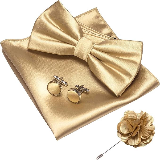JEMYGINS Solid Color mens Pre-tied Bow Tie and Pocket Square Cufflinks Sets with Gift Box
