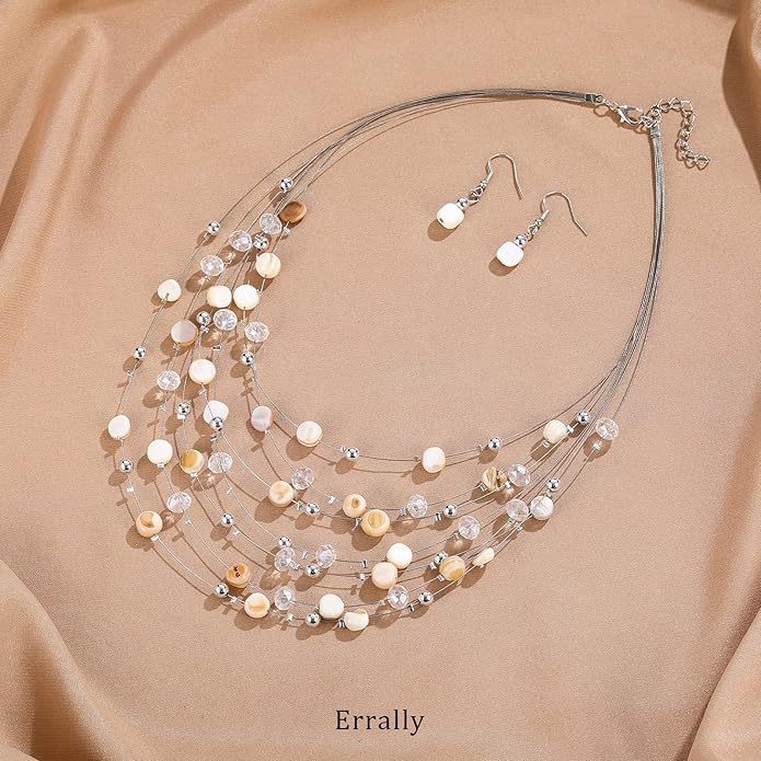 Multi-Layer Boho Shell Beaded Necklace for Women Colorful Crystal Strand with Silver Beads Statement Collars Necklace and Earrings Costumes Jewelry Sets for Women