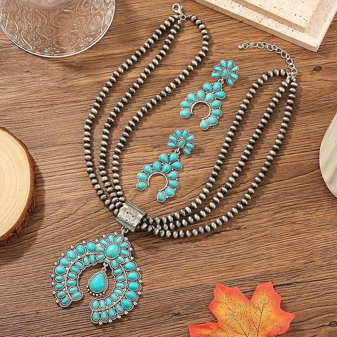 KLSURPRISE2 Western Jewelry Sets for Women – Turquoise Necklace and Earring Set Vintage Boho Cowgirl Accessories Country Jewelry Gift for Her