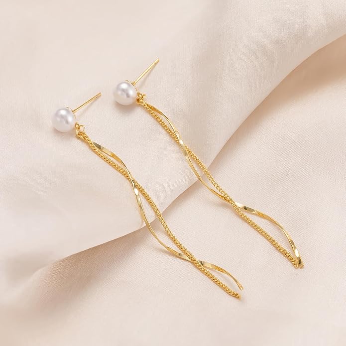 Moodear Dangle Earrings 14K Gold Plated Chain Earrings for Women Trendy Dainty Hypoallergenic Long Chain Drop Tassel CZ/Pearl Earrings Wedding Jewelry Gift