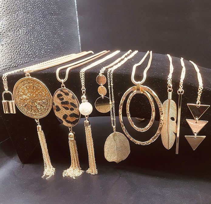 10Pcs Long Pendant Necklace Simple Moon Bar Three Triangle Tassel Lock Sweater Y Shape Punk Chain Choker Necklace for Women Men Gold Silver Plated