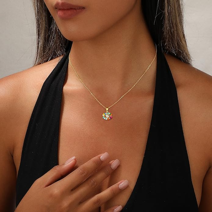 Evil Eye Necklace for Women,Dainty 14K Gold/Sterling Silver Plated Evil Eye Pendant Necklace Tiny Boho CZ Diamond Necklace Cute Trendy Lucky Protection Jewelry Gift for Women