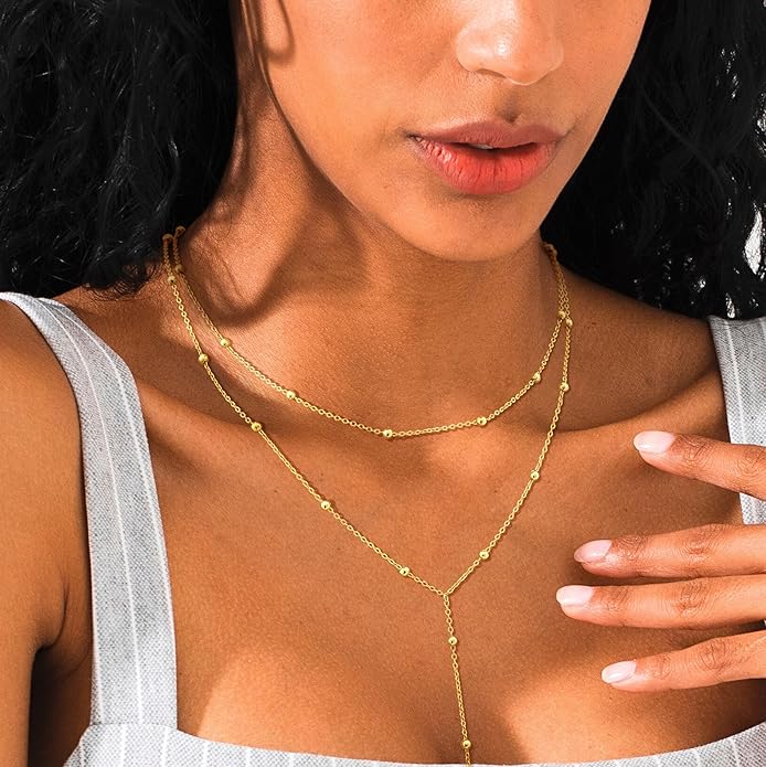 LOVELUCK Long Lariat Necklace for Women,Dainty Layered Y-Shaped Necklaces 14k Gold/Silver Plated Drop Chain Trendy Christmas Jewelry Gifts