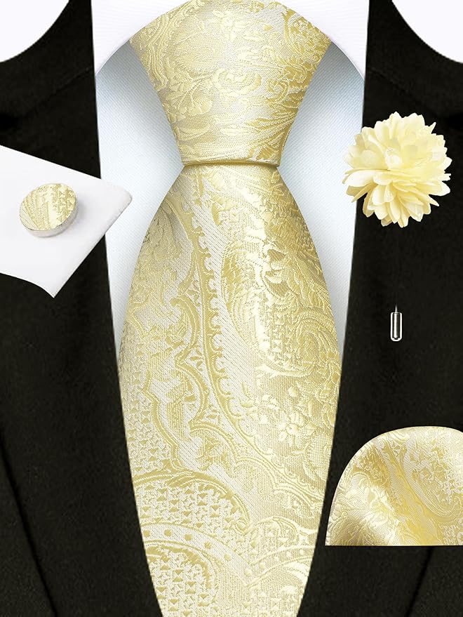 GUSLESON 8cm Paisley Tie Set for Men Necktie Lapel Pin Pocket Square Cufflinks Set for Men