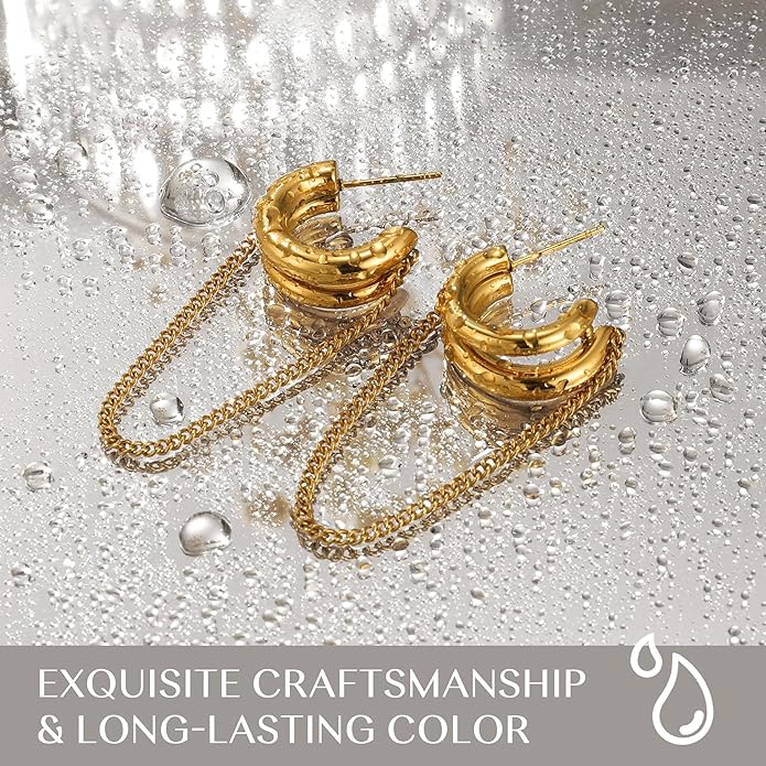 18K Gold Plated Hoop Earrings Gold and Silver Trendy Two Tone Dangling Chain Earrings,Waterproof Stainless Steel Hypoallergenic Earring,Statement Earrings for Daily Wear,Party,Birthday Jewelry Gifts