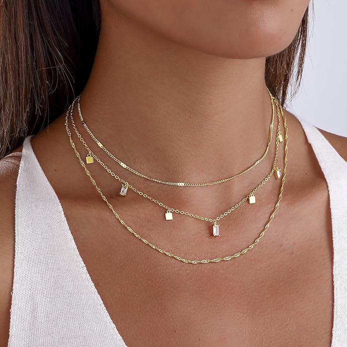 Layered Necklaces for Women, Dainty Gold Necklace Stack 14k Gold Plated Layering Cubic Zirconia Choker Necklaces for Women Trendy Simple Layered Gold Necklace Set Fashion Jewelry