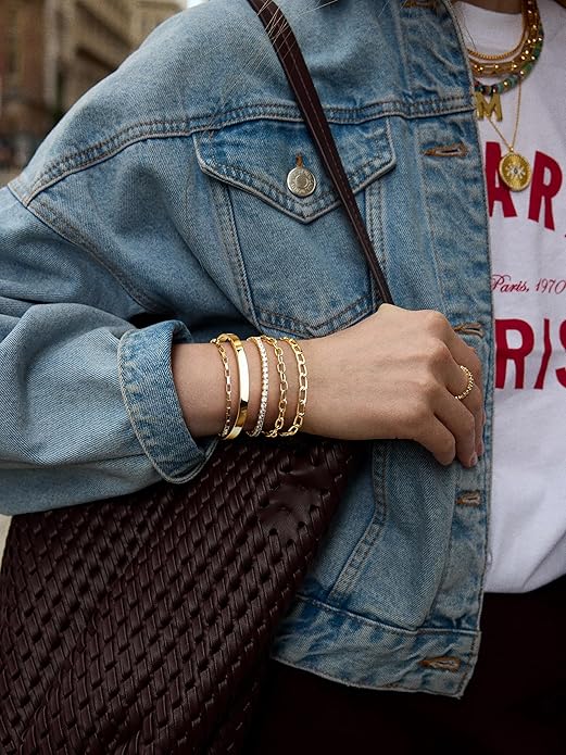 Gold Bracelets for Women Non Tainish,Dainty Bracelets Stack for Women Trendy, Gold Plated Cuff Bracelets Stack With Beaded Cuban Paperclip Snake Rope Bangle Hand Chain Jewelry Gifts for Women